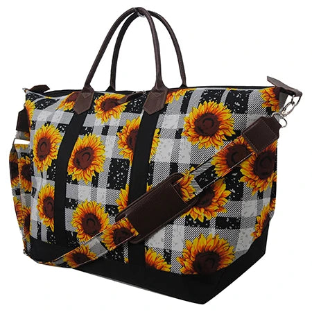 Buffalo plaid sunflower weekender tote bag personalized with name or monogram