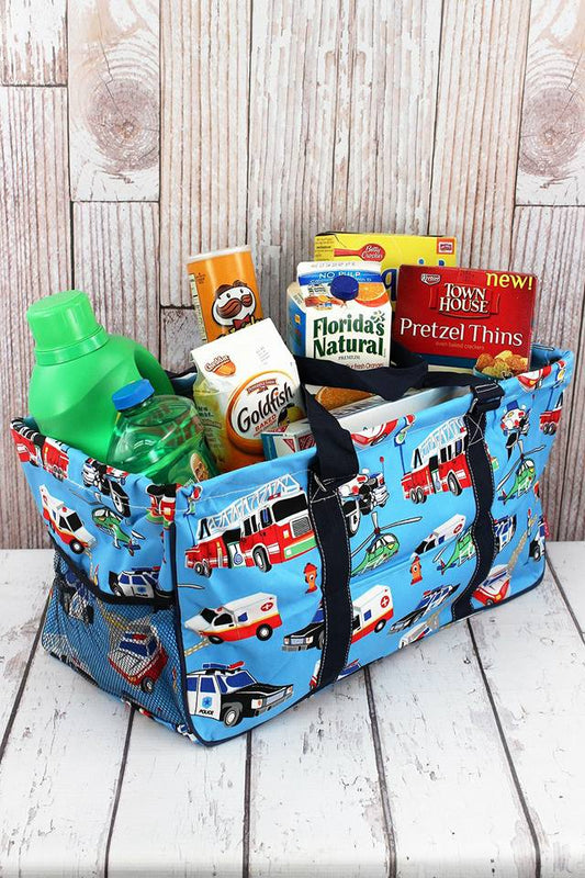 Rescue vehicles firetruck police ambulance Collapsible large utility tote bag basket personalized with name or monogram