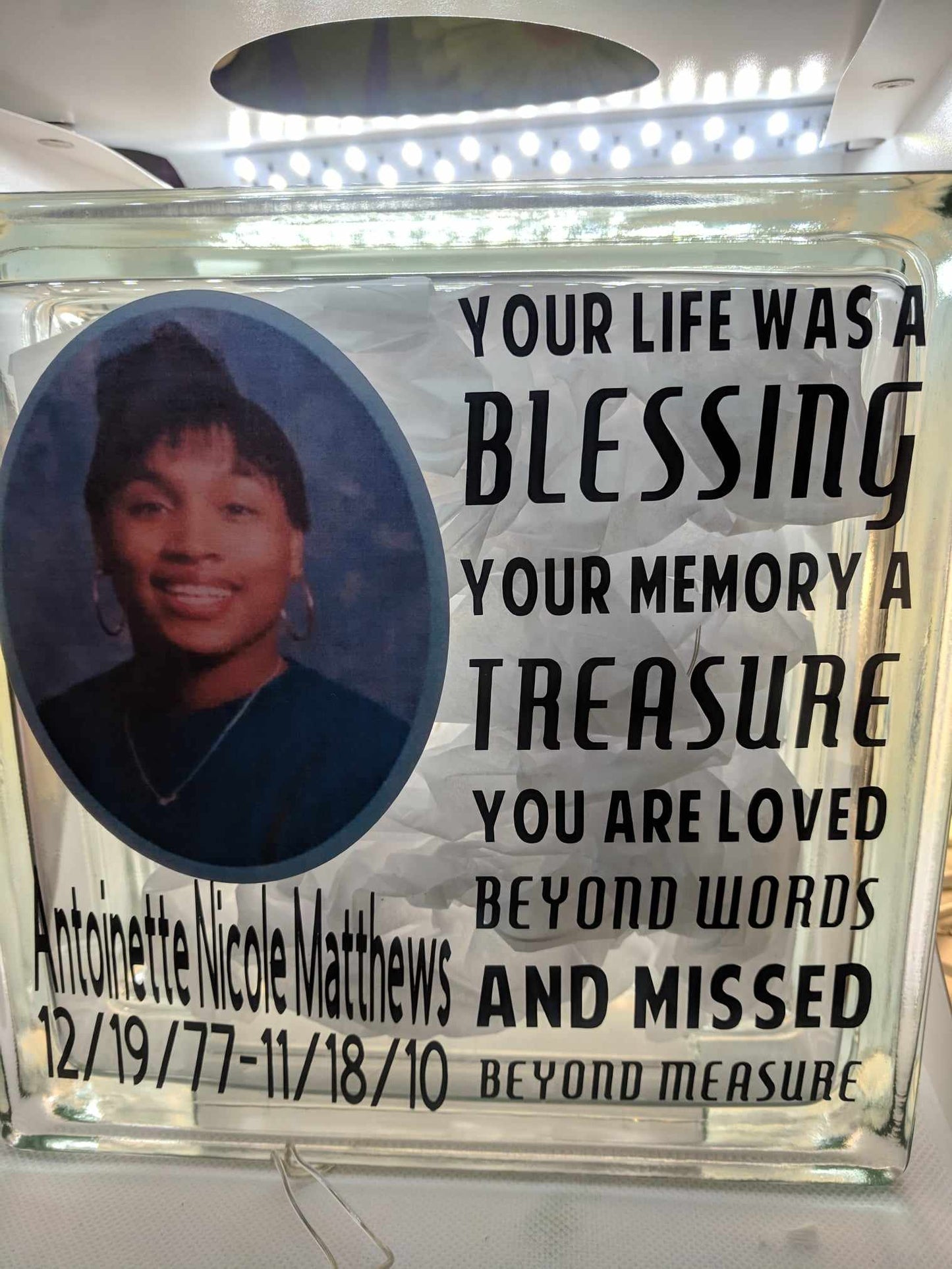 Personalized memorial lighted glass photo block