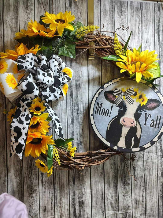 Moo Y'all cow sunflower grapevine wreath