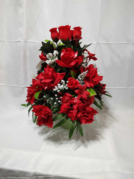 Red and white vase cemetery arrangement in stock