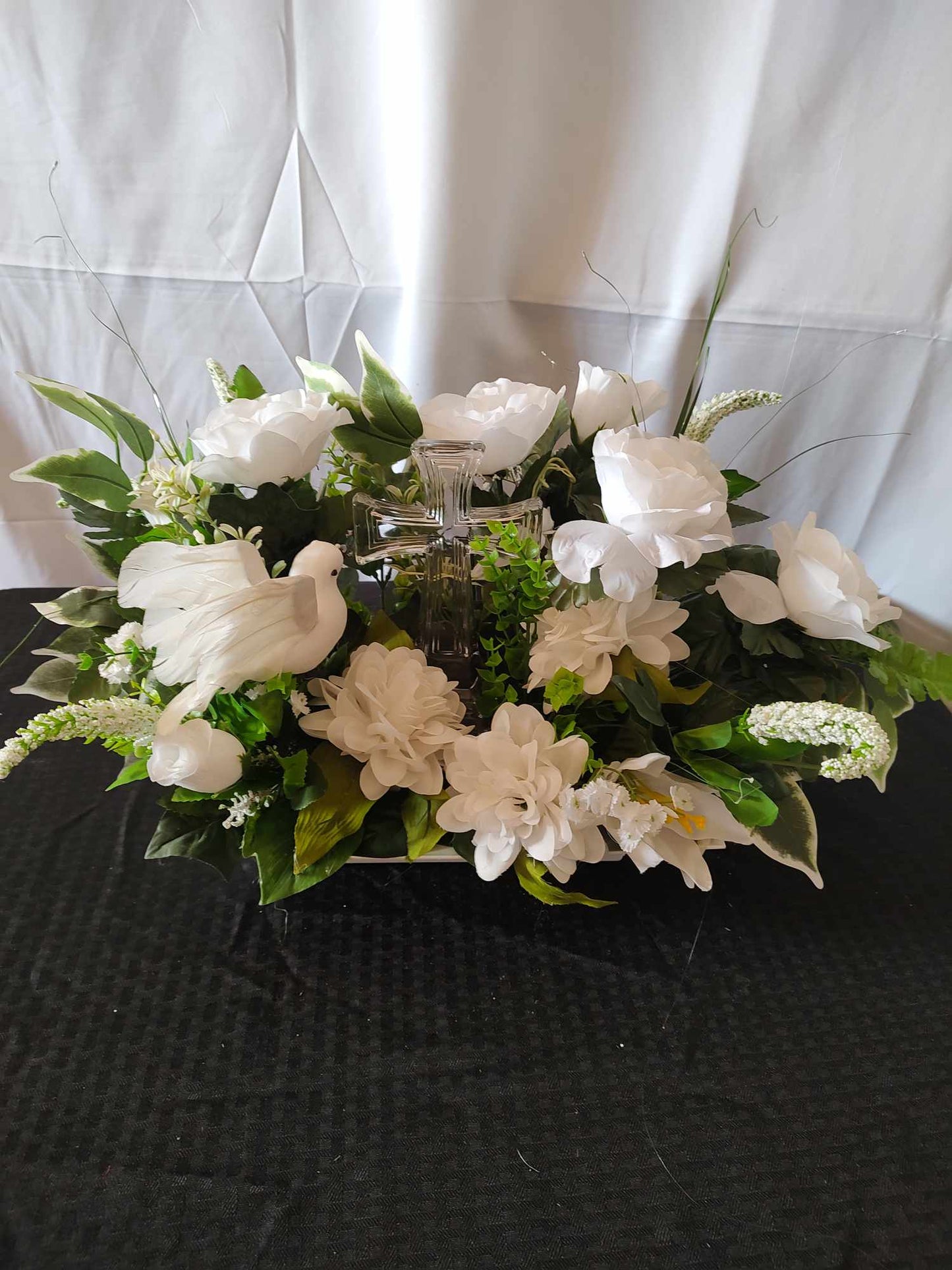 Crystal cross sympathy funeral dish garden with dove