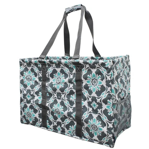 Blue and gray floral Oversized utility basket tote bag