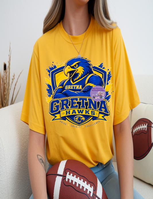 Gretna Hawks with shield school spirit shirt