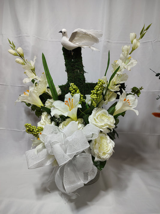 Cross either dove funeral arrangement tabletop