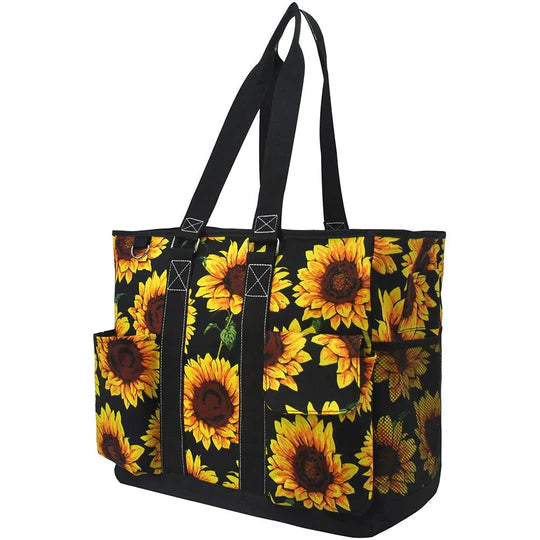 Black sunflower everyday organizer tote bag personalized with name or monogram