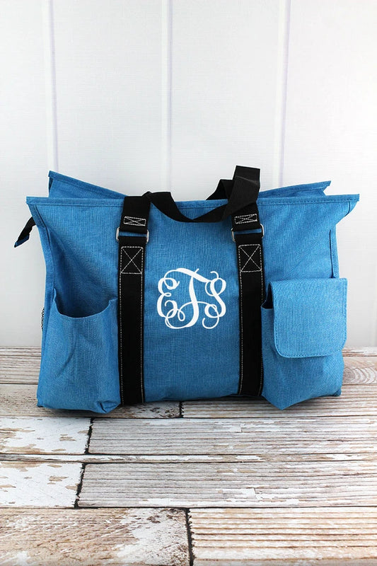 Blue large organizer tote bag personalized with name or monogram