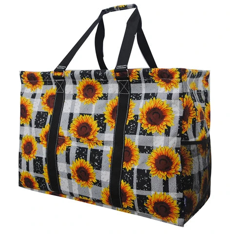 Buffalo plaid sunflower Oversized utility basket tote bag