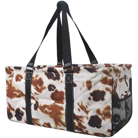 Brown Cow Print Collapsible large utility tote bag basket personalized with name or monogram