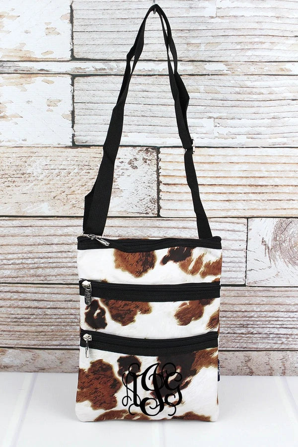 Brown cow print crossbody purse tote bag with any name or monogram