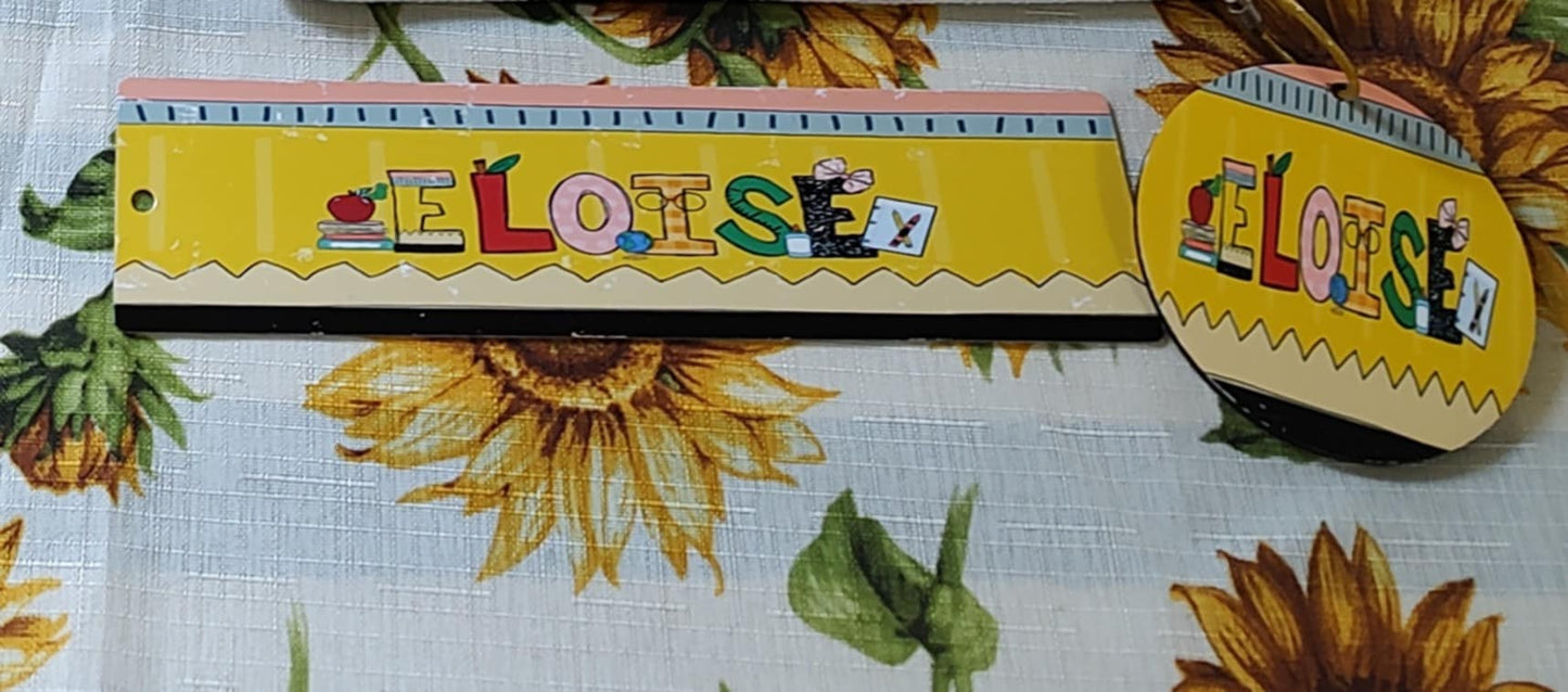 Personalized backpack tag and metal bookmark