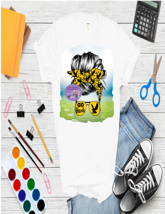 Gretna Hawks Messy bun Go Hawks stadium t-shirt
