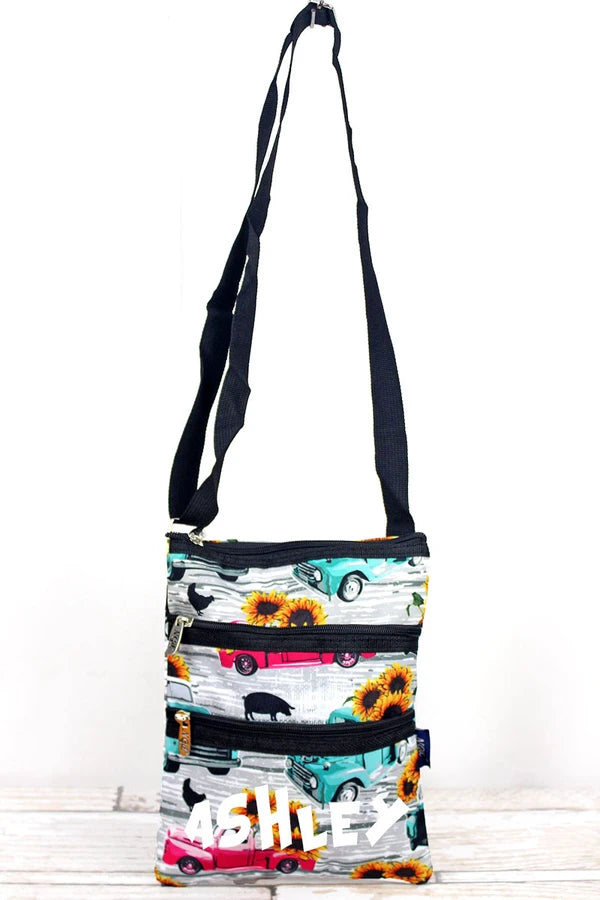 Vintage truck sunflower crossbody purse tote bag with any name or monogram