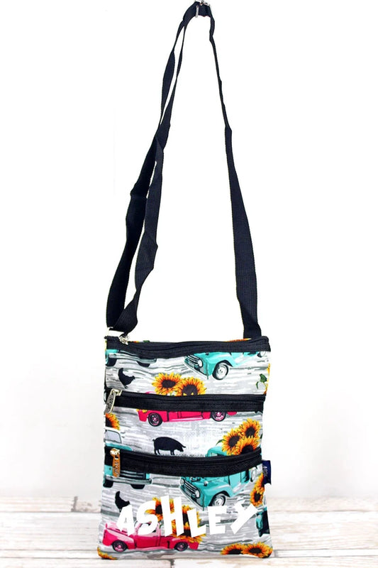 Vintage truck sunflower crossbody purse tote bag with any name or monogram